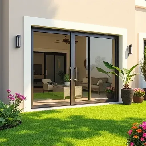 Flawlessly installed modern patio door with large glass panes in a landscaped backyard with lush greenery and stylish outdoor furniture
