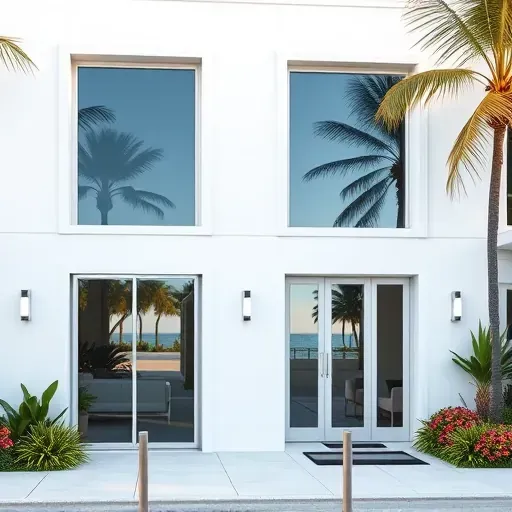 Impact Windows & Doors showcase a modern Miami Beach home with sleek aluminum frames and lush tropical landscaping.