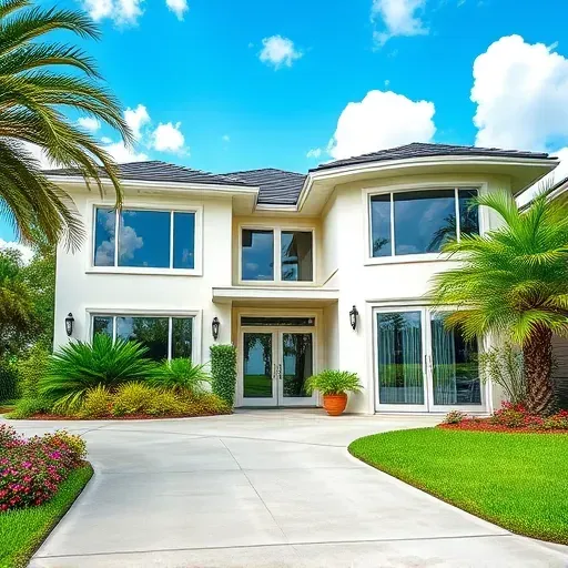 Impact windows and doors enhance modern home exterior in Lauderdale Lakes FL with vibrant landscaping and blue sky.