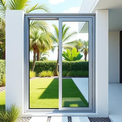 Newly installed impact window in modern Aventura Florida home with lush landscape and sleek design