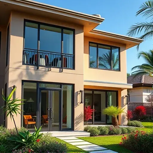 Modern Hollywood home with stylish impact windows and doors, lush landscaping, and clear blue sky.