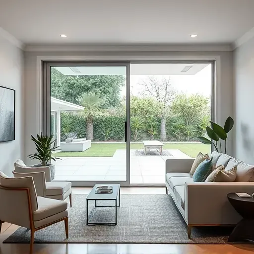 Modern sliding glass door installation in a stylish living room with natural light, lush backyard, and elegant indoor-outdoor flow
