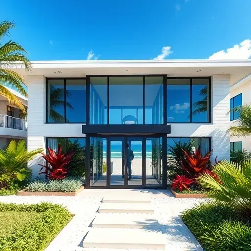 Completed installation of Impact Windows & Doors in Delray Beach with sleek frames and clear glass amidst lush greenery.