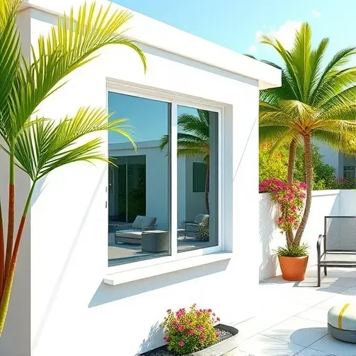 Freshly installed impact window on a modern Key Largo home with lush tropical landscaping and sunny coastal setting