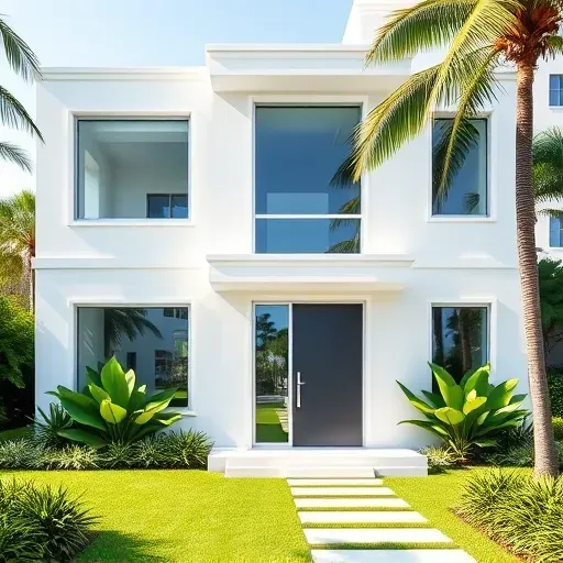 Completed installation of Impact Windows & Doors in Coral Gables showcasing modern design and tropical landscaping.