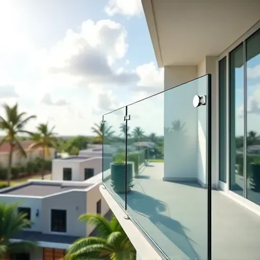 Glass balcony railing with sleek stainless steel clamps on a modern Florida home, reflecting lush greenery and sunny sky