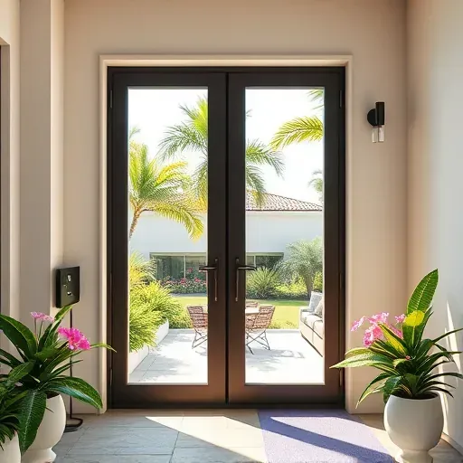 Flawlessly installed French door with dark bronze hardware opens to tropical garden in a Kendall Florida home.