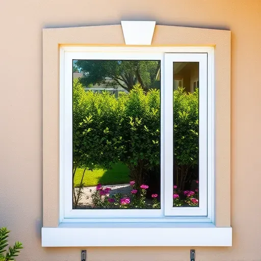 Freshly installed beige stucco house window in Kendall Florida with white trim, lush garden view, bright sunlight reflection