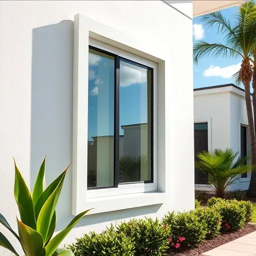 Close-up of a newly installed impact window on a modern Florida home with lush landscape and vibrant daylight.