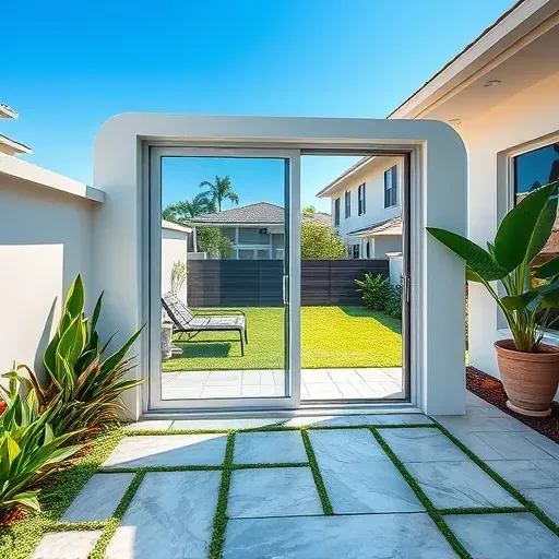 Recently installed modern sliding glass patio door in Kendall Florida with lush backyard and neighborhood background