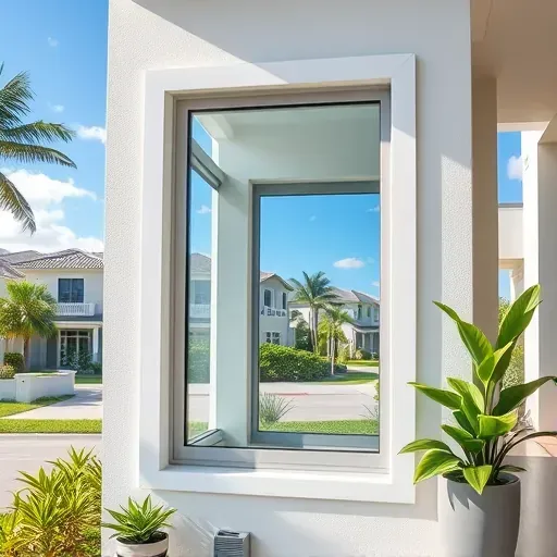 Close-up of a newly installed impact window in Lauderhill Florida showing clear glass, modern frame, vibrant greenery, sunny neighborhood, emphasizing durability and craftsmanship