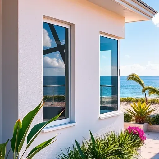 Close-up of new impact windows on a modern Florida home with coastal landscaping, ocean view, and sunlight reflecting off transparent glass