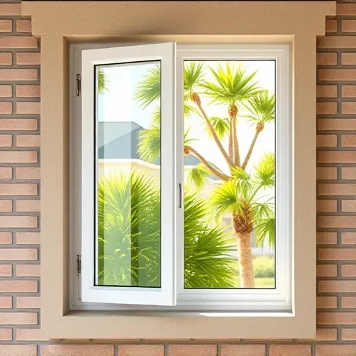 Fully opened flawless casement window in Kendall Florida showing secure hinges, clean frame, lush landscape background