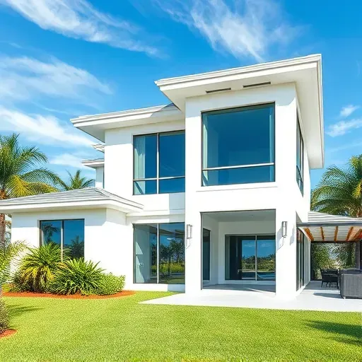 Modern Boca Raton home with sleek impact windows reflecting sunlight amid lush greenery and tropical palms