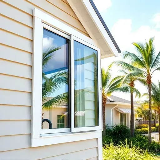 Close-up of a sleek impact window installed in a modern home with reflective glass, sturdy frame, and vibrant Florida landscape in background