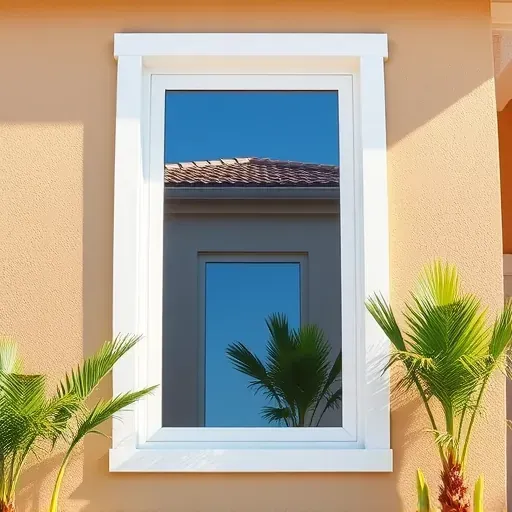 Close-up of a finished impact window in a Florida home with white trims, lush tropical landscape, and sunny blue sky.