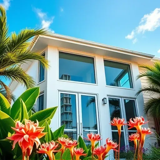 Impact windows and doors in a Miami home with vibrant foliage, showcasing modern design and craftsmanship.