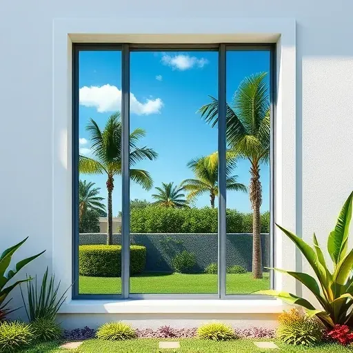Freshly installed impact window in modern Coconut Creek home with clear sky reflections, lush greenery, and landscaped yard