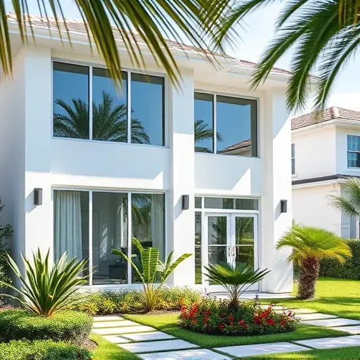 Impact Windows and Doors installation on a modern Sunrise FL home with sleek glass, tropical plants, and elegant architecture.