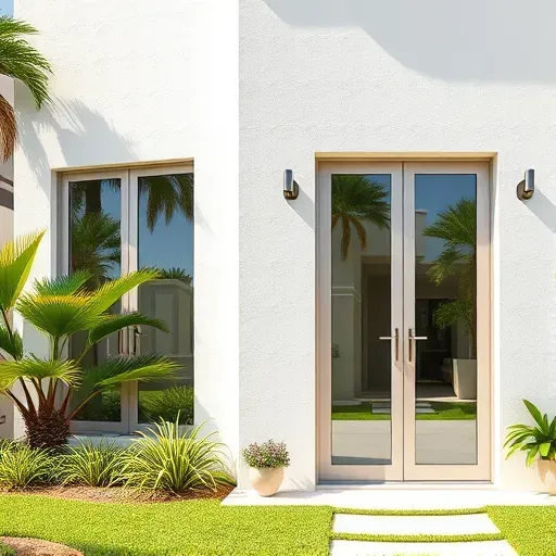 Completed installation of impact windows and doors in South Miami showcasing sleek glass and elegant hardware in a tropical setting