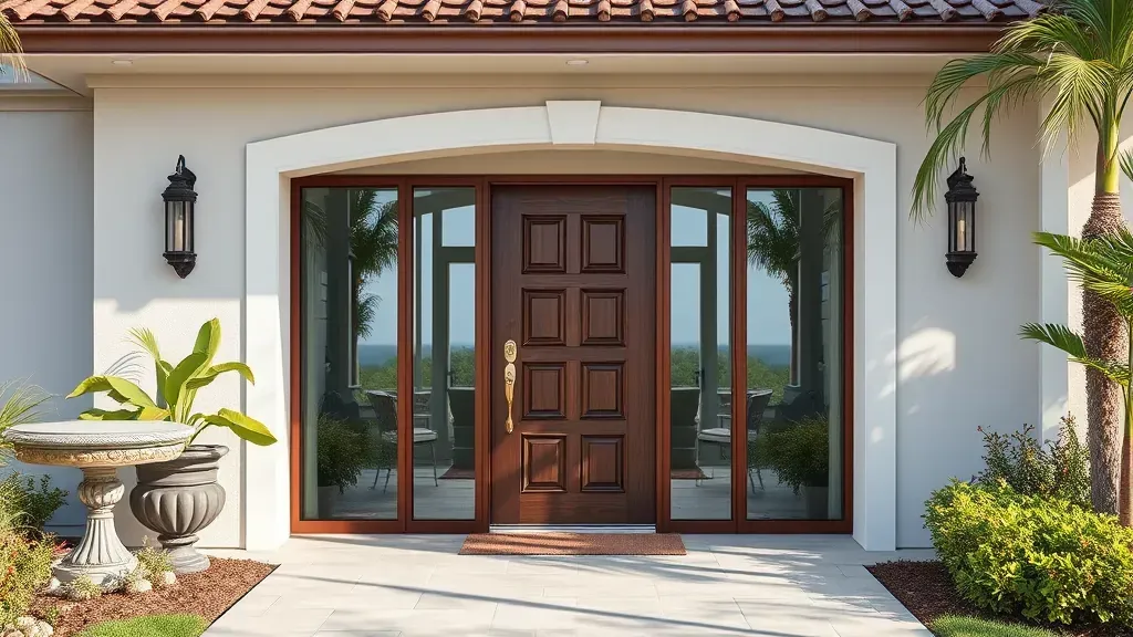 Impact Door Installation project in Kendall FL showcasing a completed door with a sunny backdrop.