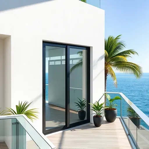Freshly installed impact window with sleek black frame in a sunny Sunny Isles Beach home, overlooking the ocean with tropical greenery
