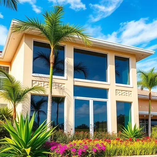 Impact windows and doors installed in Coconut Creek FL, featured in modern style home with tropical landscaping.