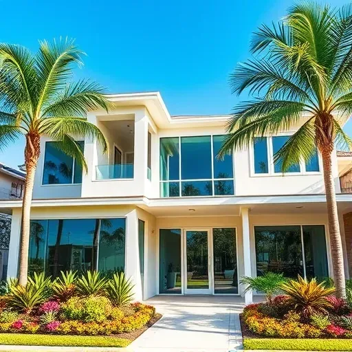 Completed Impact Windows & Doors installation in a modern Plantation FL home, featuring sleek glass and stylish doors among tropical landscaping.