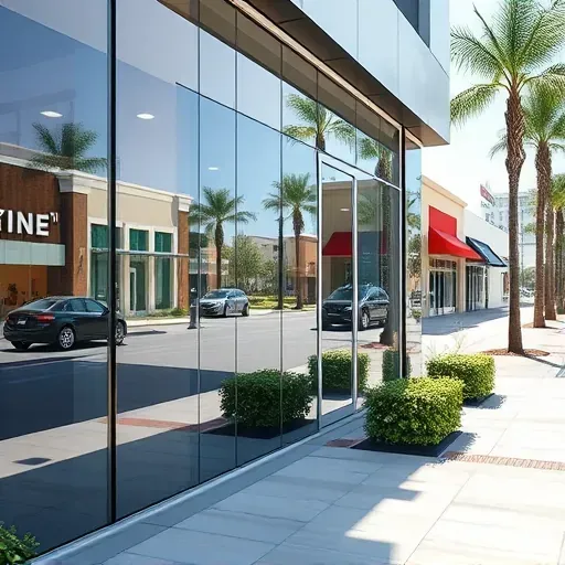 Perfectly installed Kendall FL storefront glass with reflective panels, modern framing, landscaped sidewalk, and vibrant commercial district
