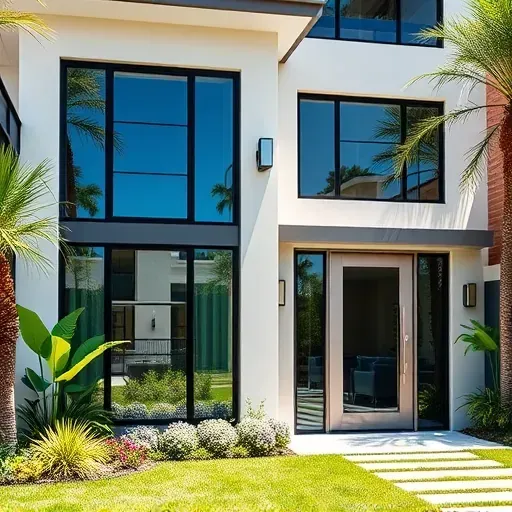 Impact Windows and Doors installation in Miami Gardens showcases modern design amid lush landscaping and tropical plants.