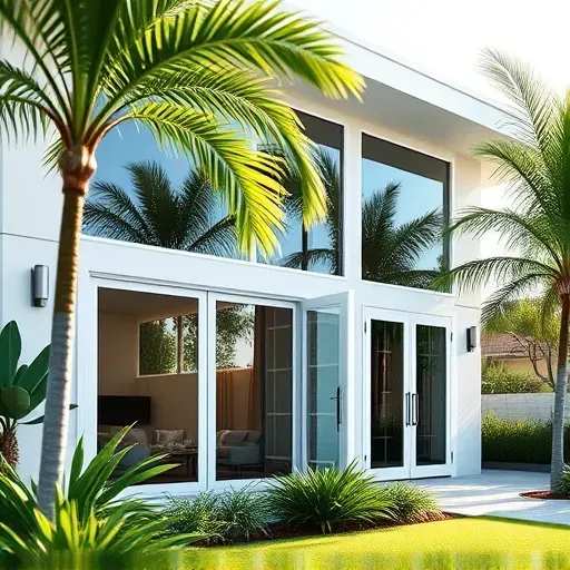 Elegant modern impact windows and doors in a Hollywood home surrounded by lush gardens and palm trees.