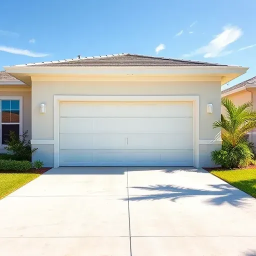 Newly installed white sectional garage door on a modern home in Kendall Florida with landscaped yard and sunny sky