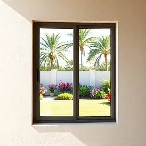 Modern home in Kendall Florida featuring a sleek double-pane energy-efficient window reflecting sunlight onto a lush tropical backyard with vibrant plants and a manicured lawn