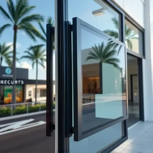 Bullet-resistant window in Kendall Florida with reflective glass, sturdy frame, tropical urban setting, and secure modern storefront