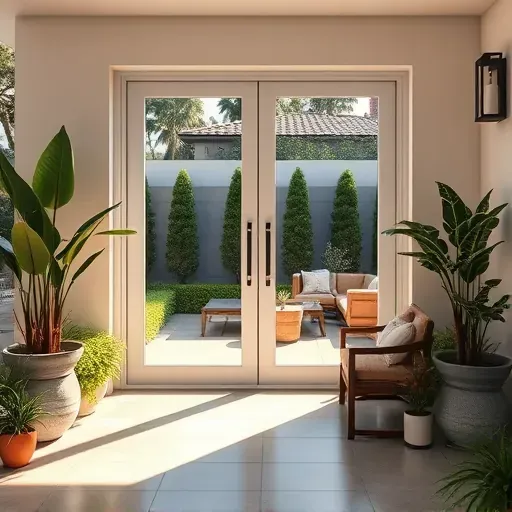 Freshly installed modern patio door with glass panels in a landscaped backyard with outdoor seating and lush greenery
