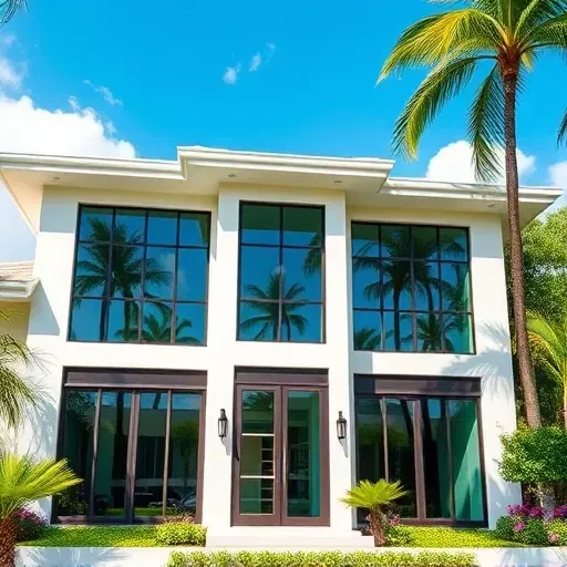 Modern South Miami home features sleek impact windows and doors, reflecting tropical greenery and clear blue skies.