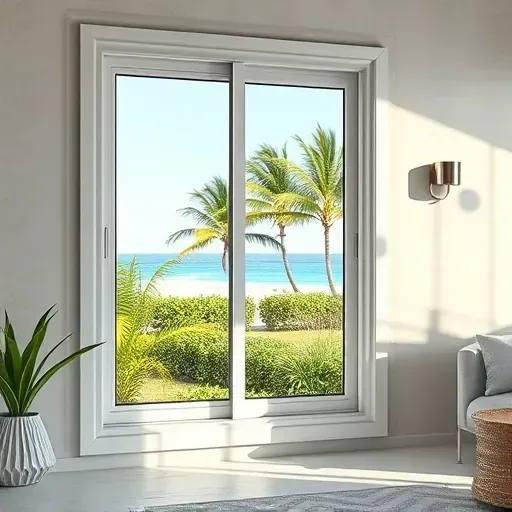 Freshly installed impact window in modern Tavernier FL home showing clear glass, sleek frame, coastal view, and tropical surroundings