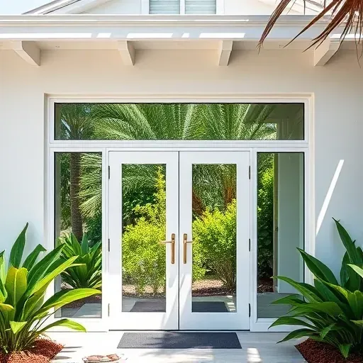 Installation of impact windows and doors in a modern Homestead home with lush landscaping and vibrant tropical plants.