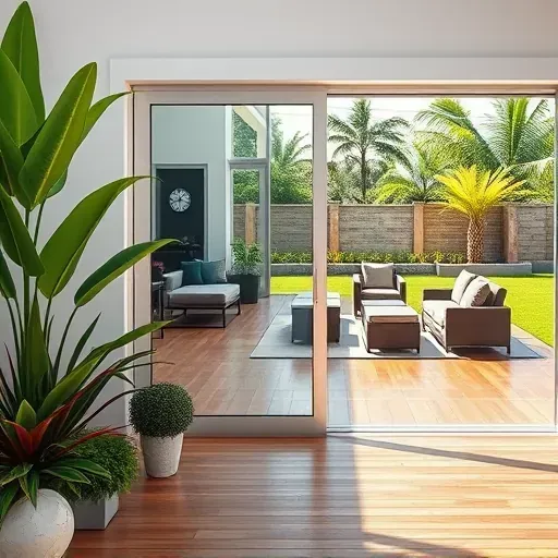 Completed sliding glass door installation in Kendall Florida with modern design, lush greenery, wooden deck, and outdoor seating