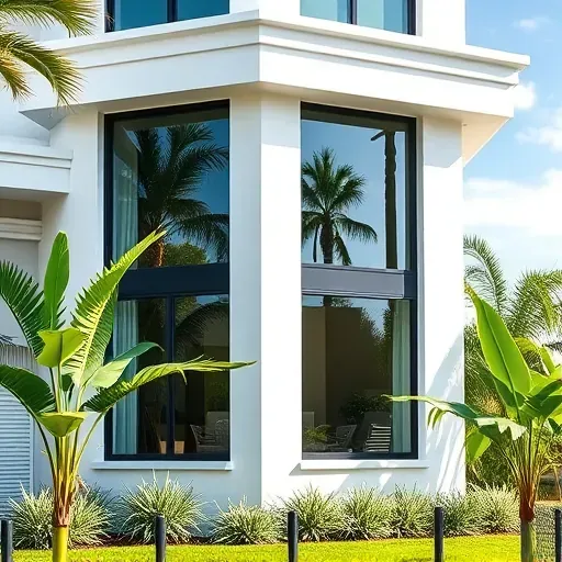 Completed impact window installation in Lauderdale Lakes FL with reflective glass, lush landscaping, and modern home design