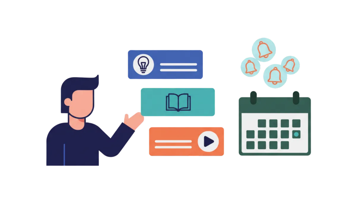 Illustration of a teacher presenting schedule, quizzes, tips, and community interactions