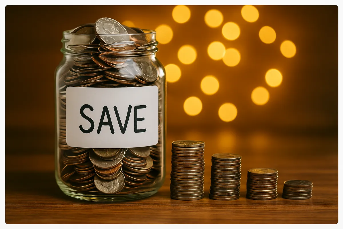 Coins falling into a piggy bank on a black background.