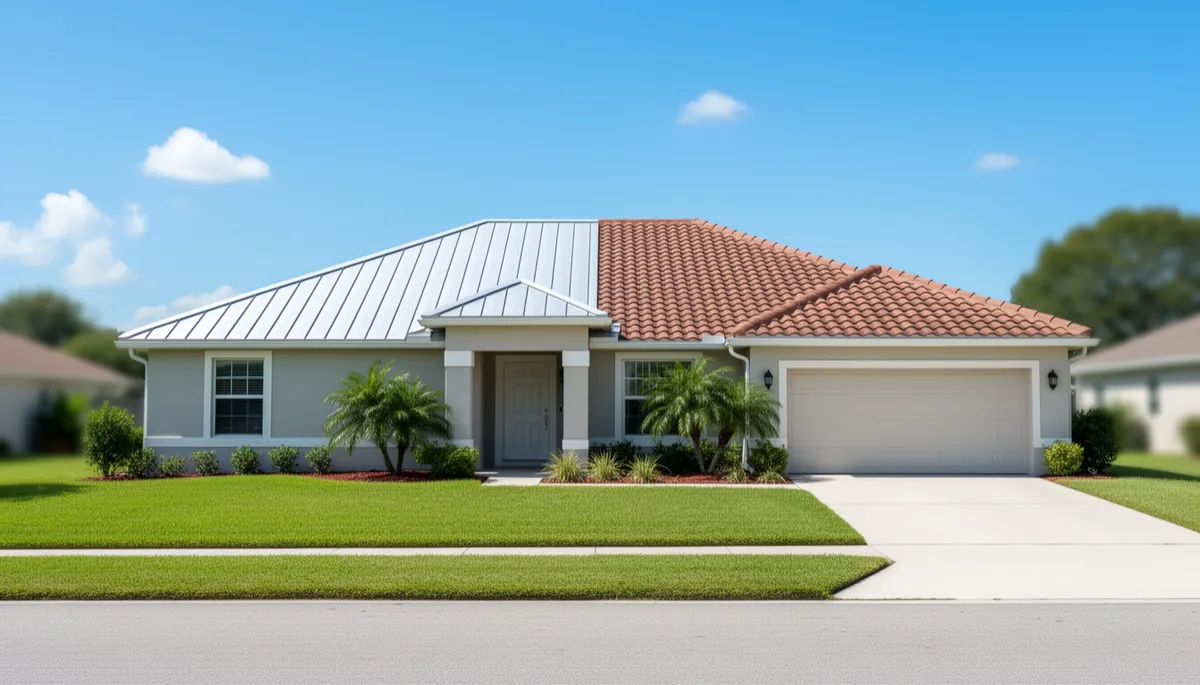A Lakeland, FL home with both metal roofing and tile roofing installed, viewed from the street in bright daylight.