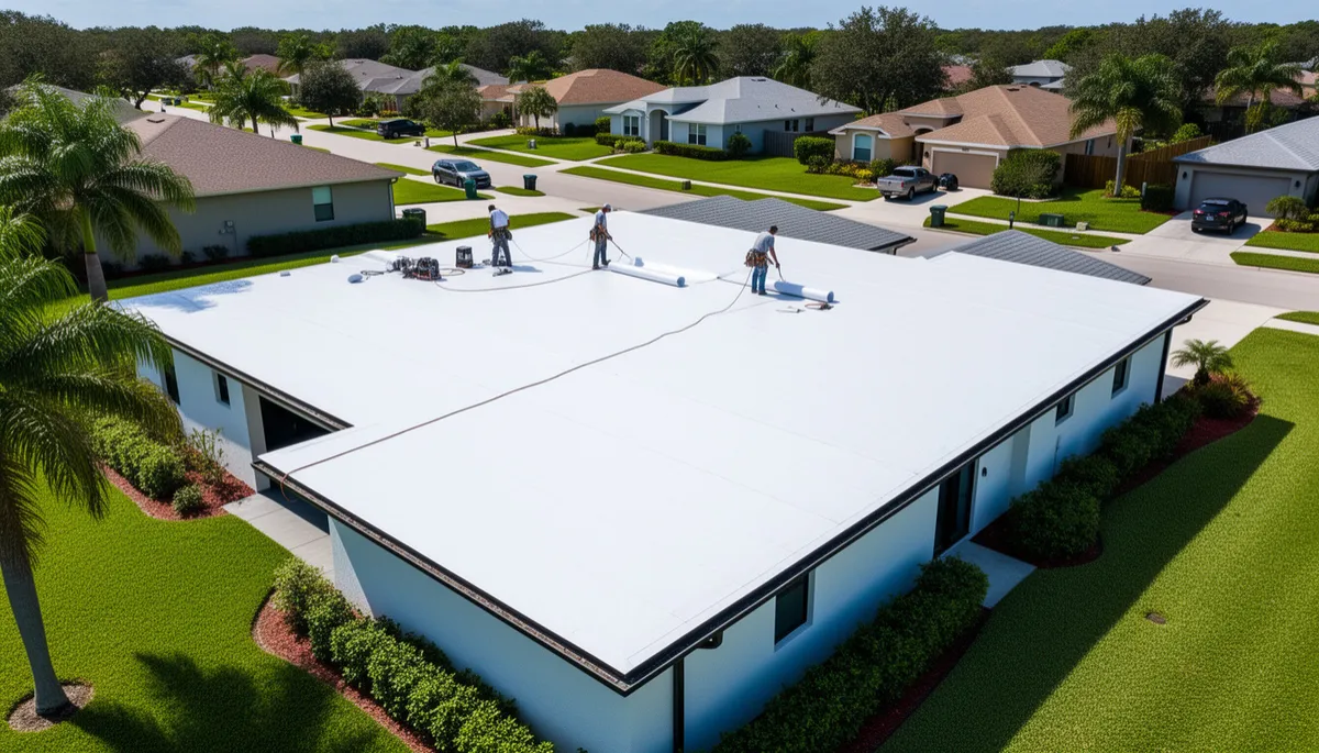 TPO roofing membrane being installed on a flat residential roof in Lakeland, Florida.