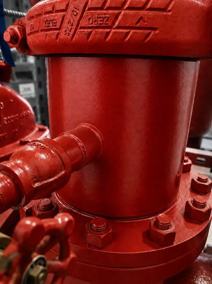 Close-up of a red industrial fire hydrant pipe assembly with flanges, bolts, and connected piping in a mechanical utility room.