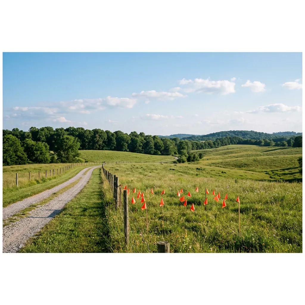 Gravel access lane and survey flags across rolling pasture, illustrating site planning for a Mercer County septic project.