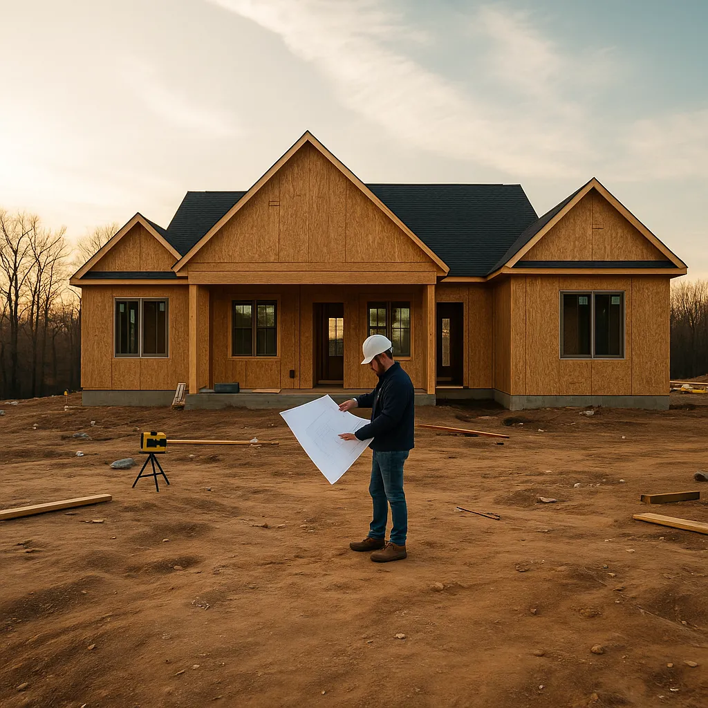 Person holding construction drawings beside an unfinished wood-sided house.