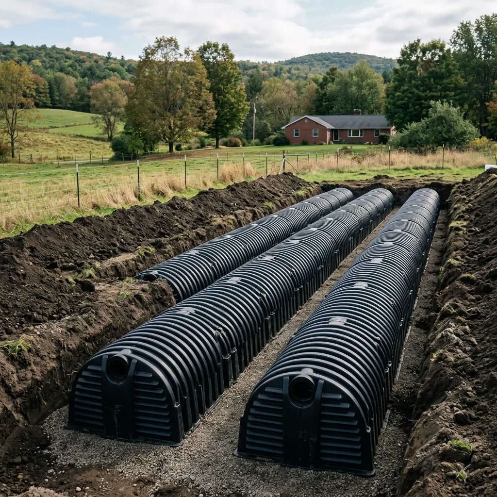 Illustrative parallel rows of arched septic leach-field chambers in open trenches before backfill.