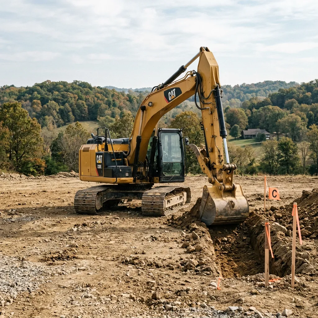 Tracked excavator at a marked Boyle County residential site, illustrating septic excavation and access planning near Danville.