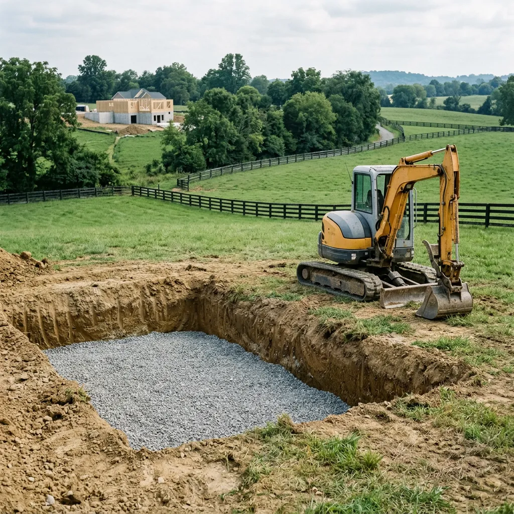 Illustrative gravel-bedded excavation awaiting a residential septic tank, with equipment parked beside the work area.